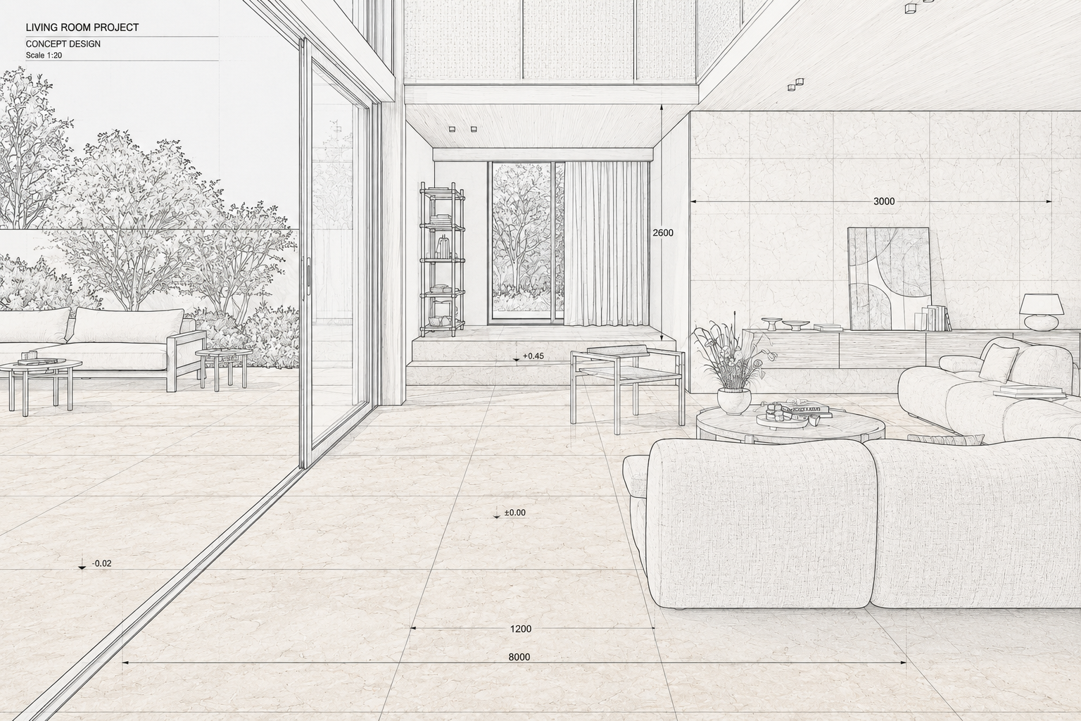 Arbeitsbereich für Innenraumplanung mit einem in 2D und 3D geplanten Raum und Porcelaingres-Keramikoberflächen.